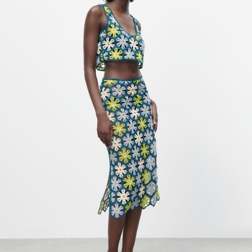 Crochet Floral Two-Piece Swim Set - Blue/Green